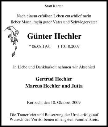 Traueranzeige von Günter Hechler von Tageszeitung
