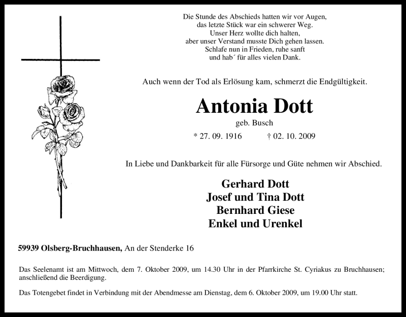  Traueranzeige für Antonia Dott vom 03.10.2009 aus Tageszeitung