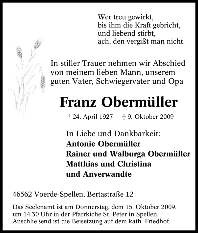  Traueranzeige für Franz Obermüller vom 13.10.2009 aus Tageszeitung
