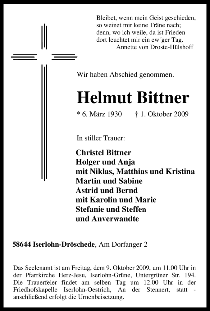  Traueranzeige für Helmut Bittner vom 03.10.2009 aus Tageszeitung