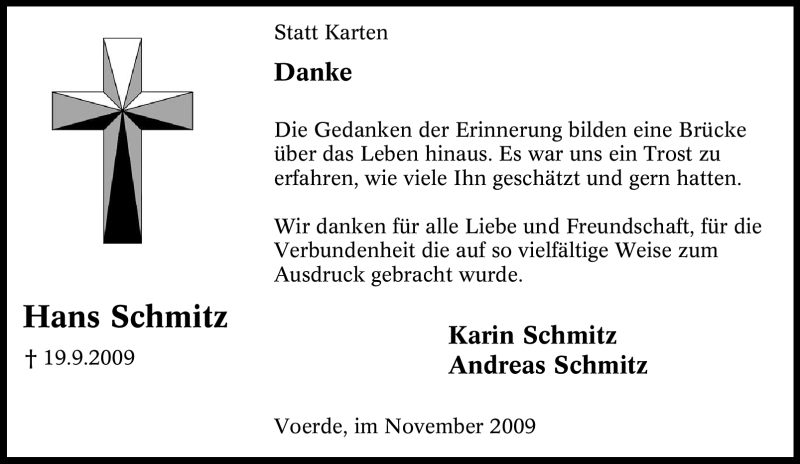 Traueranzeige für Hans Schmitz vom 31.10.2009 aus Tageszeitung