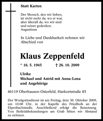 Traueranzeige von Klaus Zeppenfeld von Tageszeitung