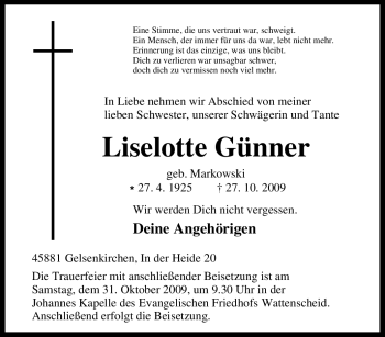 Traueranzeige von Liselotte Günner von Tageszeitung