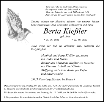 Traueranzeige von Berta Kießler von Tageszeitung