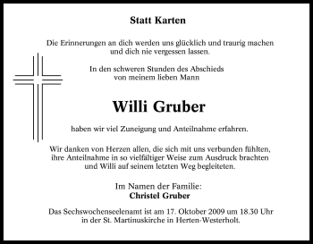 Traueranzeige von Willi Gruber von Tageszeitung