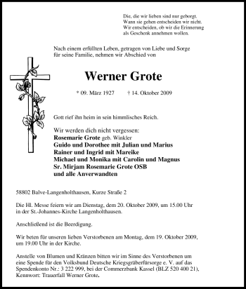 Traueranzeige von Werner Grote von Tageszeitung