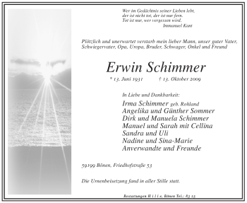 Traueranzeige von Erwin Schimmer von Tageszeitung