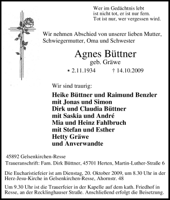 Traueranzeige von Agnes Büttner von Tageszeitung