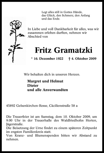 Traueranzeige von Fritz Gramatzki von Tageszeitung