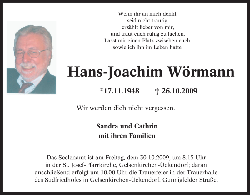 Traueranzeigen von Hans-Joachim Wörmann | Trauer-in-NRW.de