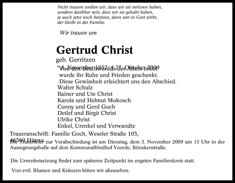 Traueranzeigen Von Gertrud Christ | Trauer-in-NRW.de