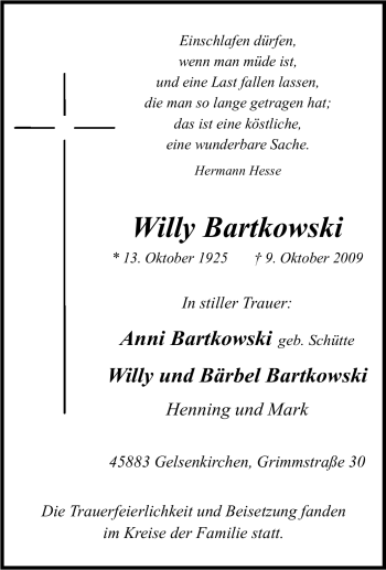 Traueranzeige von Willy Bartkowski von Tageszeitung
