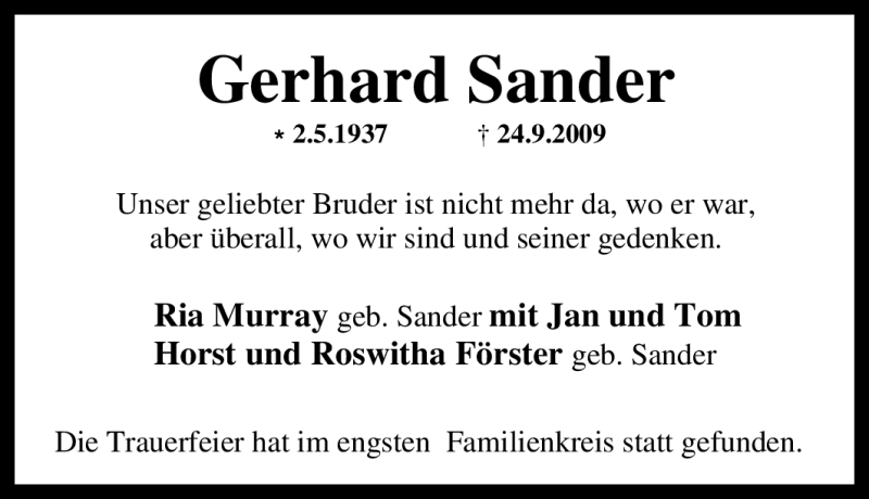  Traueranzeige für Gerhard Sander vom 12.10.2009 aus Tageszeitung