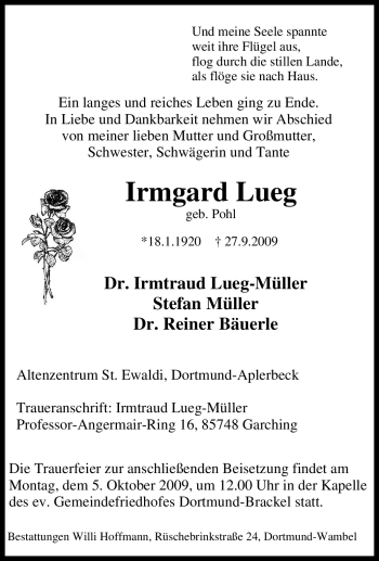Traueranzeige von Irmgard Lueg von Tageszeitung