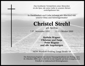 Traueranzeige von Christel Strehl von Tageszeitung