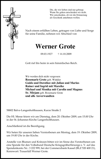 Traueranzeige von Werner Grote von Tageszeitung