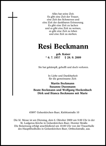 Traueranzeige von Resi Beckmann von Tageszeitung