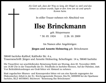 Traueranzeige von Ilse Brinckmann von Tageszeitung