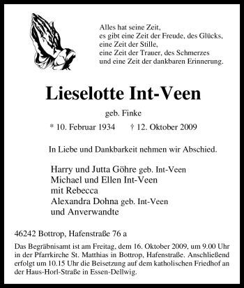 Traueranzeige von Lieselotte Int-Veen von Tageszeitung
