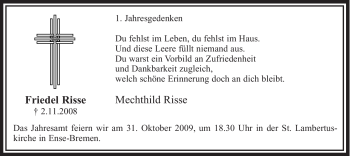 Traueranzeige von Friedel Risse von Tageszeitung
