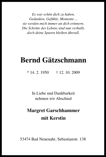 Traueranzeige von Bernd Gätzschmann von Tageszeitung