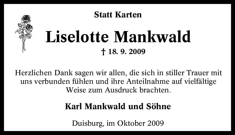  Traueranzeige für Liselotte Mankwald vom 06.10.2009 aus Tageszeitung