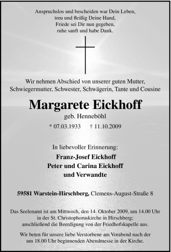 Traueranzeige von Margarete Eickhoff von Tageszeitung