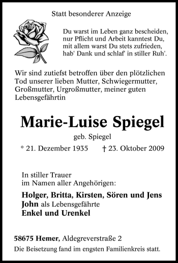 Traueranzeige von Marie-Luise Spiegel von Tageszeitung