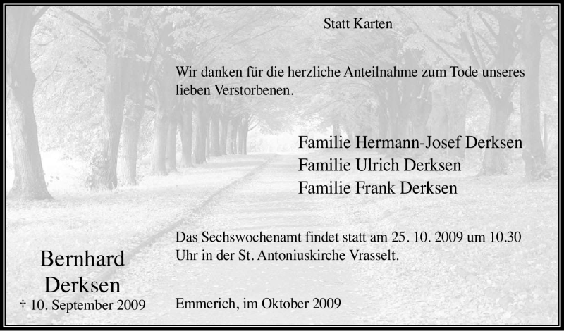  Traueranzeige für Bernhard Derksen vom 10.10.2009 aus Tageszeitung
