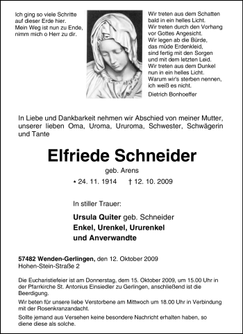 Traueranzeige von Elfriede Schneider von Tageszeitung
