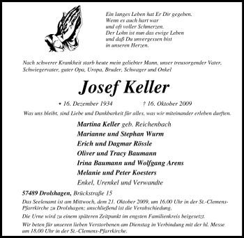 Traueranzeige von Josef Keller von Tageszeitung