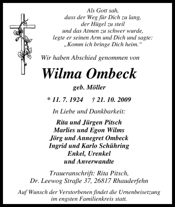 Traueranzeige von Wilma Ombeck von Tageszeitung