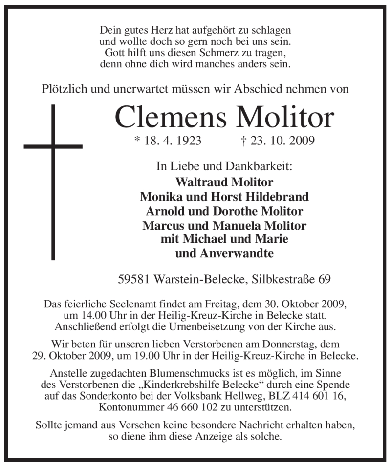  Traueranzeige für Clemens Molitor vom 26.10.2009 aus Tageszeitung