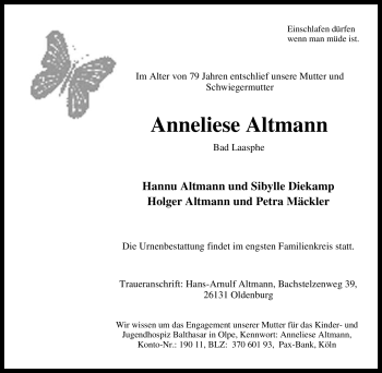 Traueranzeige von Anneliese Altmann von Tageszeitung