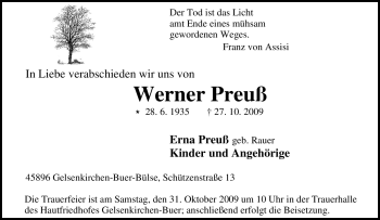 Traueranzeige von Werner Preuß von Tageszeitung