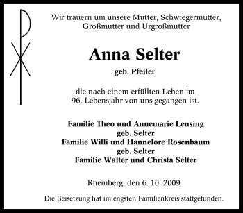 Traueranzeige von Anna Selter von Tageszeitung
