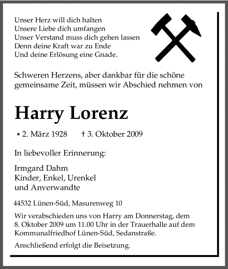  Traueranzeige für Harry Lorenz vom 06.10.2009 aus Tageszeitung