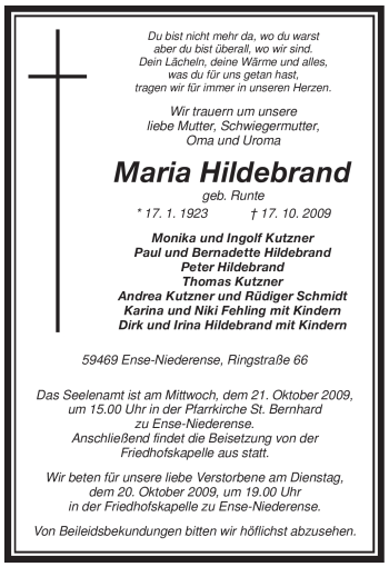 Traueranzeige von Maria Hildebrand von Tageszeitung