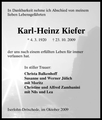 Traueranzeige von Karl-Heinz Kiefer von Tageszeitung