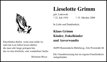 Traueranzeige von Lieselotte Grimm von Tageszeitung