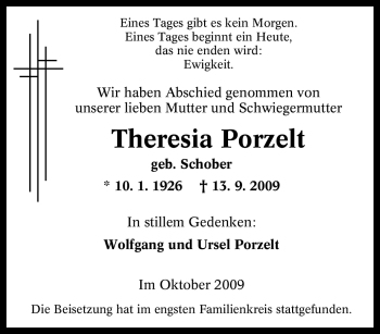 Traueranzeige von Theresia Porzelt von Tageszeitung