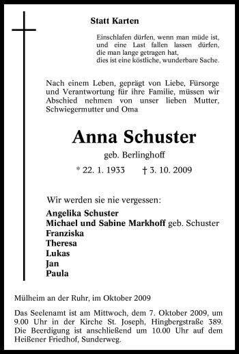 Traueranzeige von Anna Schuster von Tageszeitung