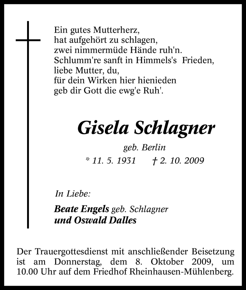  Traueranzeige für Gisela Schlagner vom 07.10.2009 aus Tageszeitung