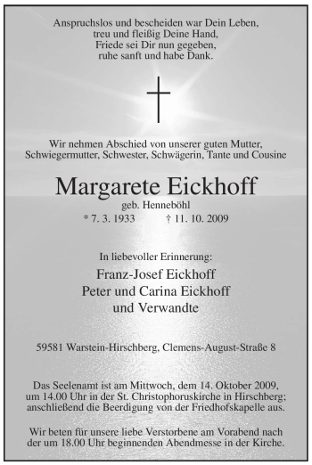 Traueranzeige von Margarete Eickhoff von Tageszeitung