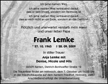 Traueranzeige von Frank Lemke von Tageszeitung
