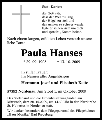 Traueranzeige von Paula Hanses von Tageszeitung