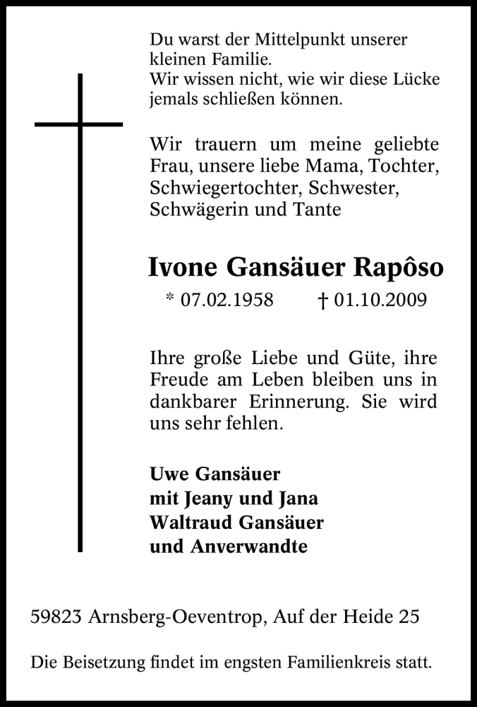  Traueranzeige für Ivone Gansäuer Rapôso vom 06.10.2009 aus Tageszeitung