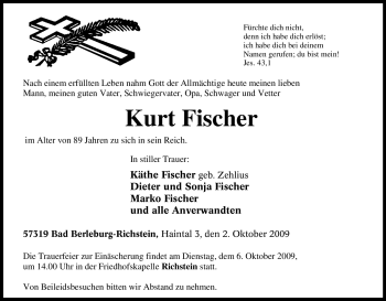 Traueranzeige von Kurt Fischer von Tageszeitung
