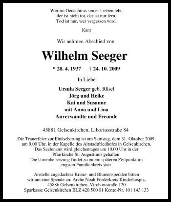 Traueranzeige von Wilhelm Seeger von Tageszeitung