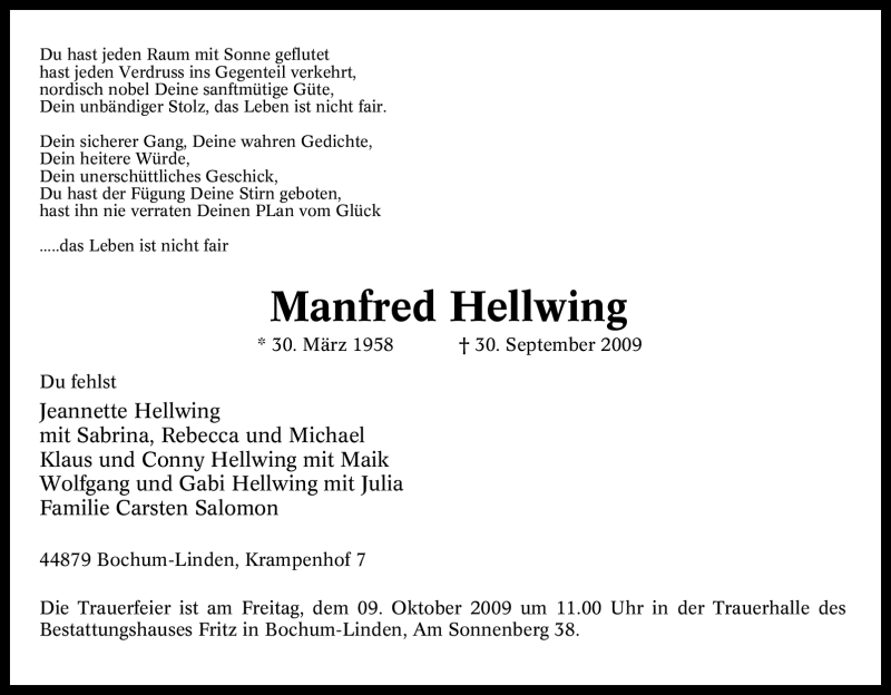  Traueranzeige für Manfred Hellwing vom 06.10.2009 aus Tageszeitung